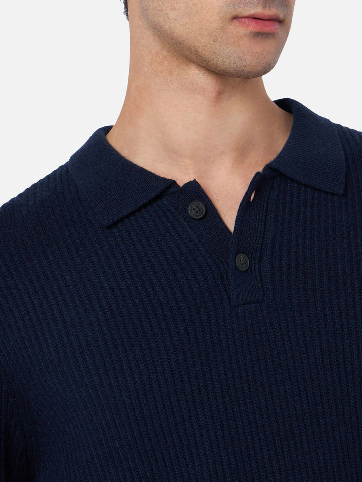 Navy blue ribbed sweater Downing in BLENDED CASHMERE with buttoned collar