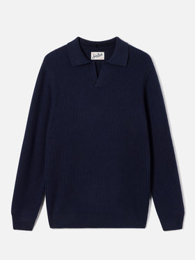 Navy blue Downing wool ribbed knit polo