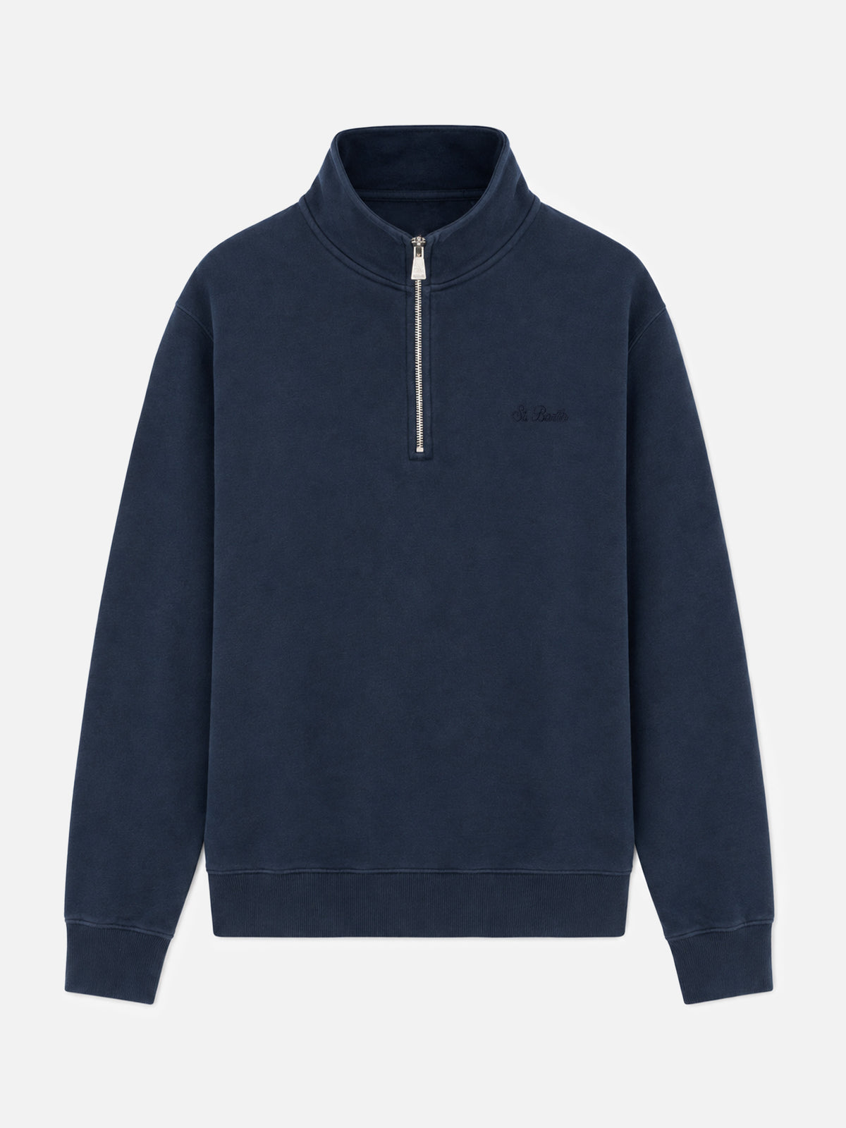 Sweat-shirt Dunkan en coton à demi-zip, coloris bleu marine uni, avec logo brodé 