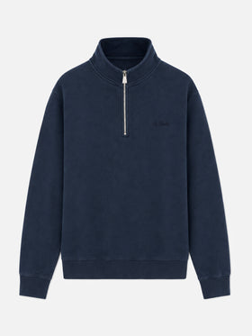 Sweat-shirt Dunkan en coton à demi-zip, coloris bleu marine uni, avec logo brodé 