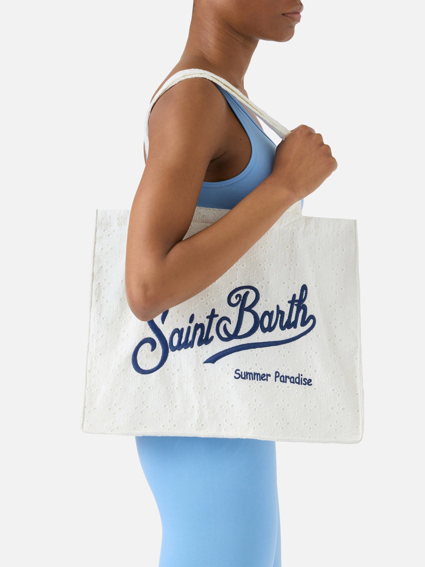 Borsa Essential in cotone sangallo bianco con logo a contrasto
