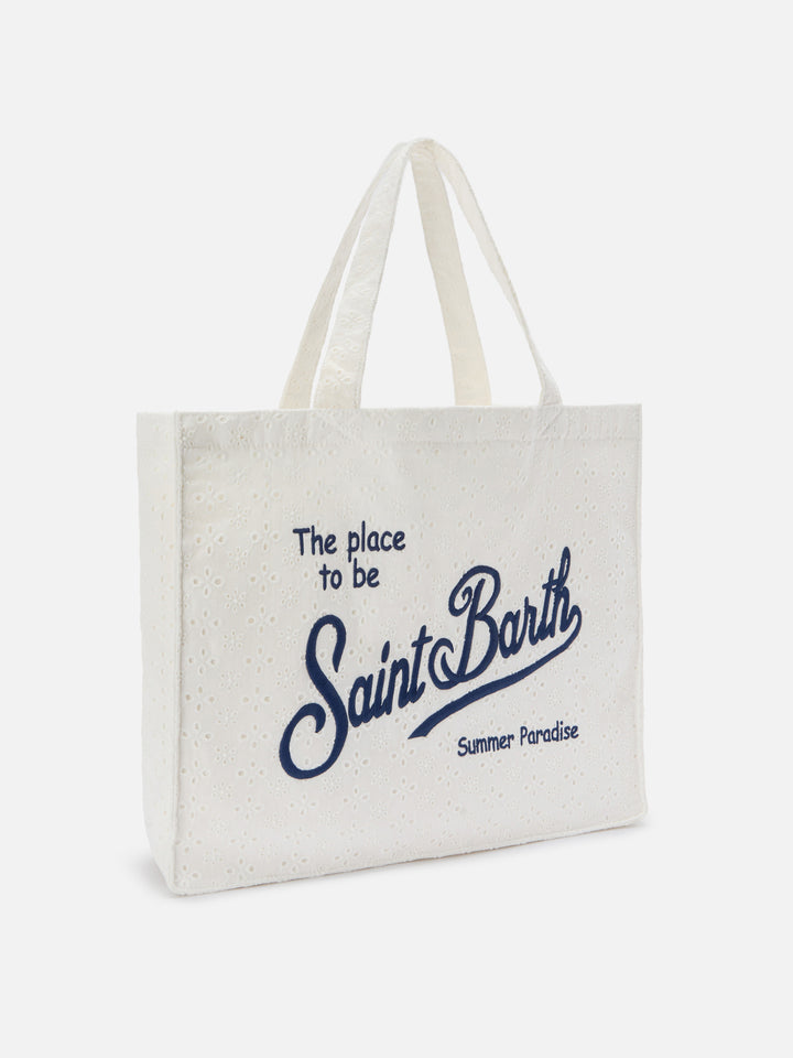 Essential white broderie anglaise cotton tote bag with contrasting logo