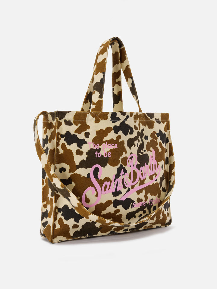 Essential canvas tote bag with cow print and printed logo