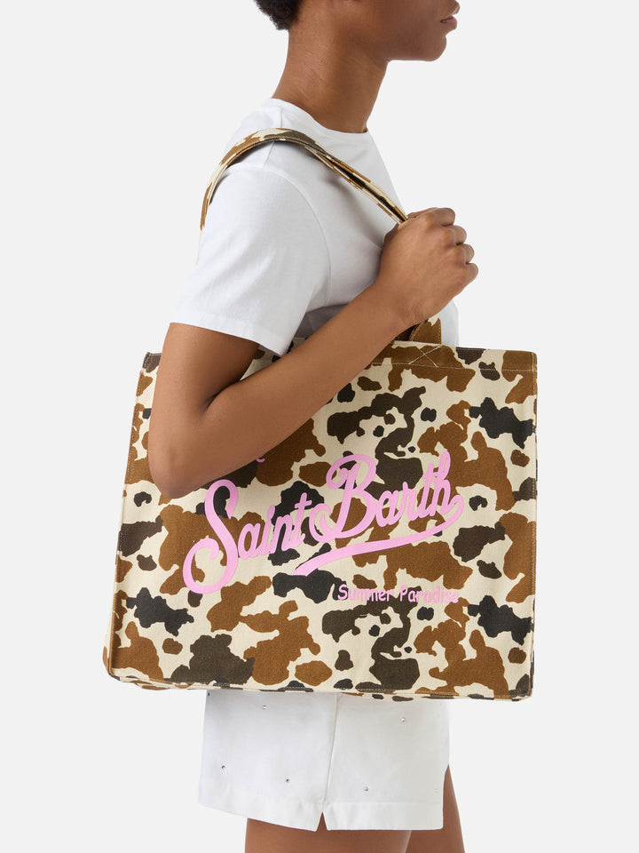 Essential canvas tote bag with cow print and printed logo