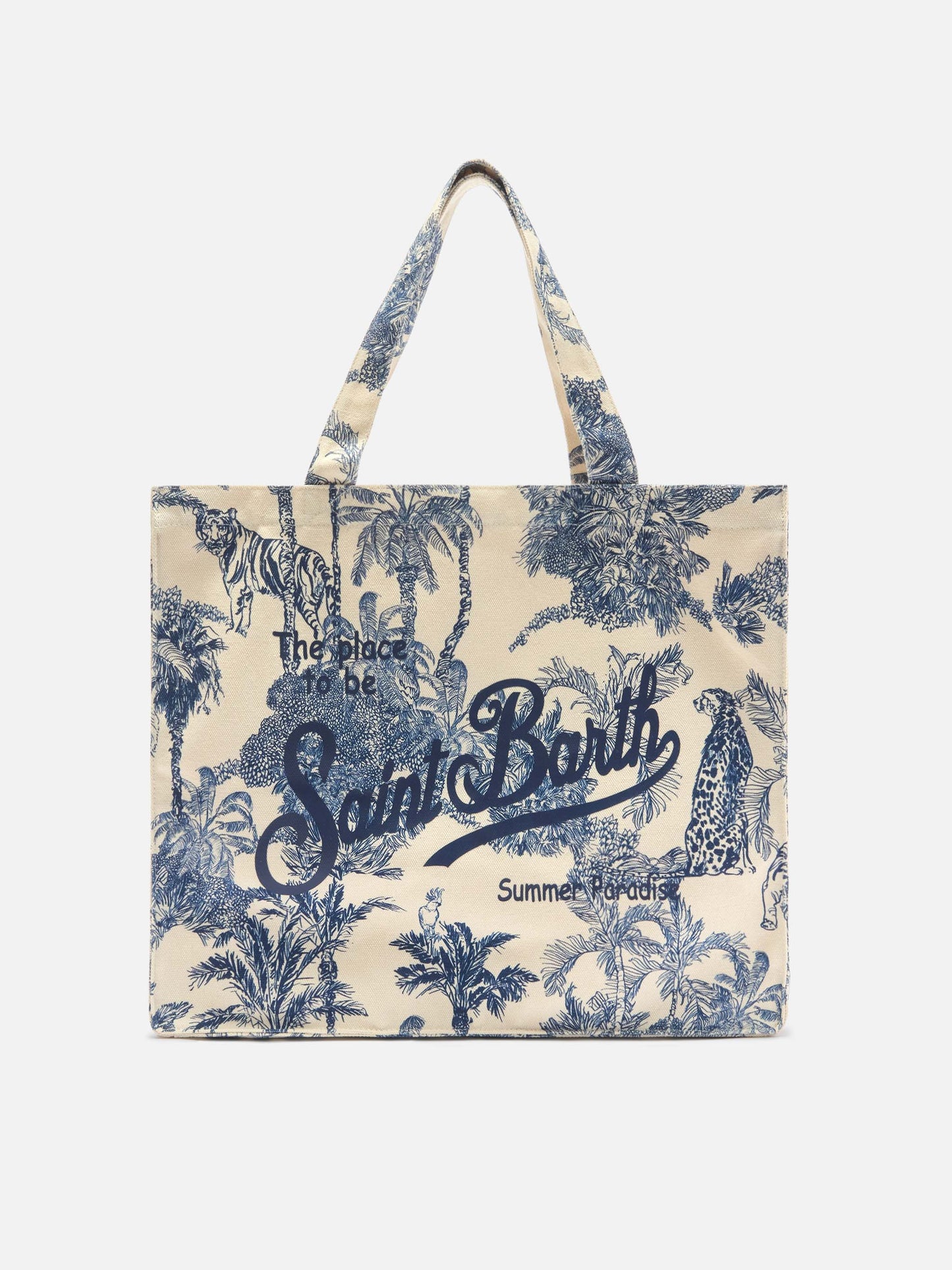Essential canvas tote bag with blue toile de jouy print