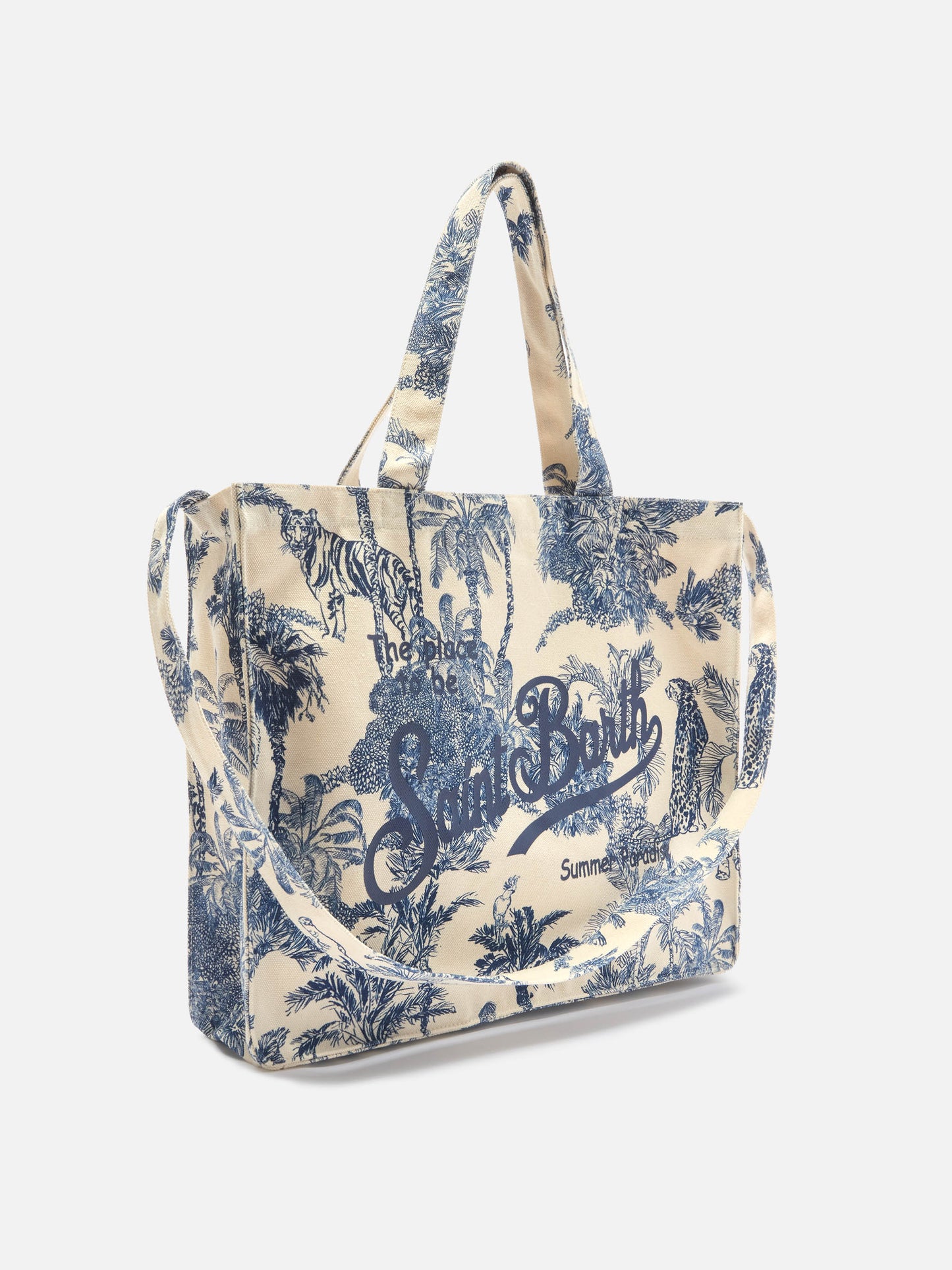 Essential canvas tote bag with blue toile de jouy print