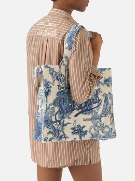 Essential canvas tote bag with blue toile de jouy print