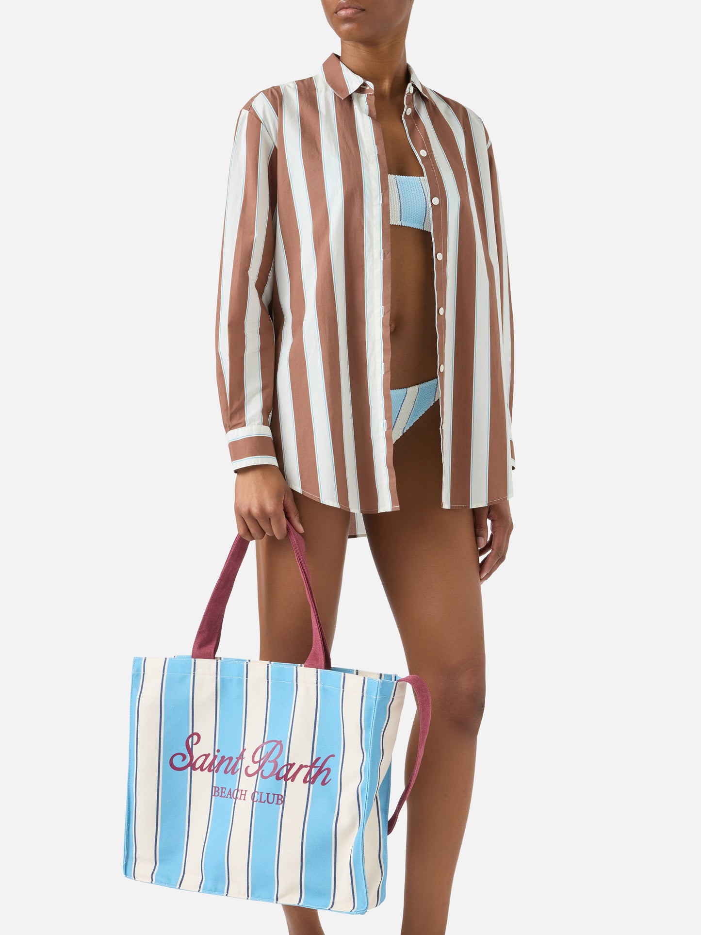 Borsa Essential in canvas a righe azzurre e bianche con logo a contrasto