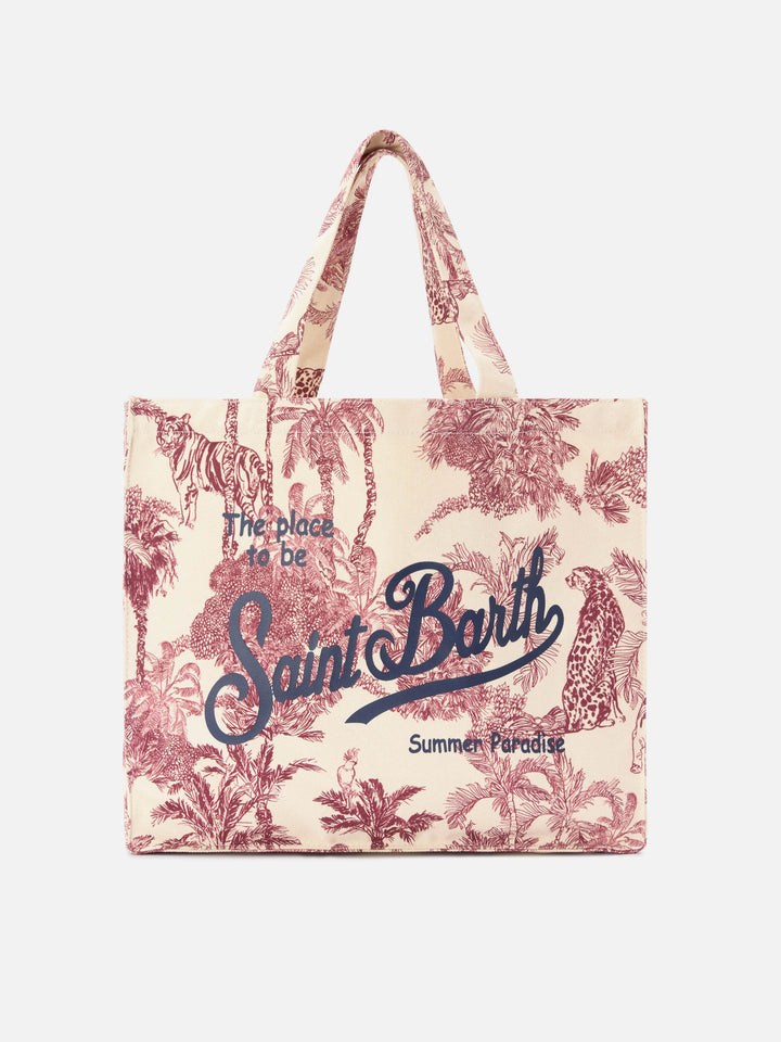 Essential canvas tote bag with bordeaux toile de jouy print