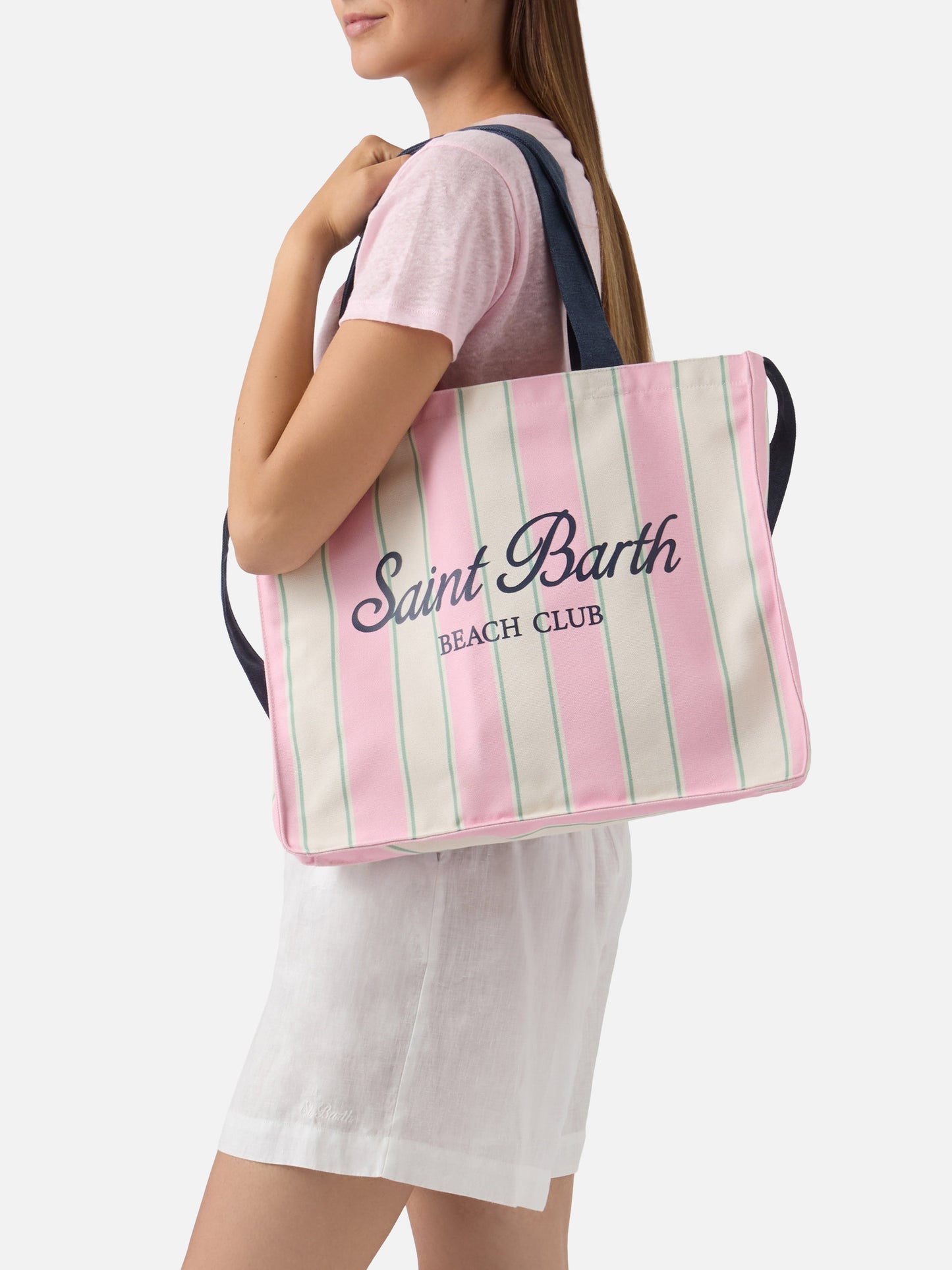 Essenzielle Tote Bag aus Canvas mit pinken, grünen und weißen Streifen und kontrastierendem Logo 