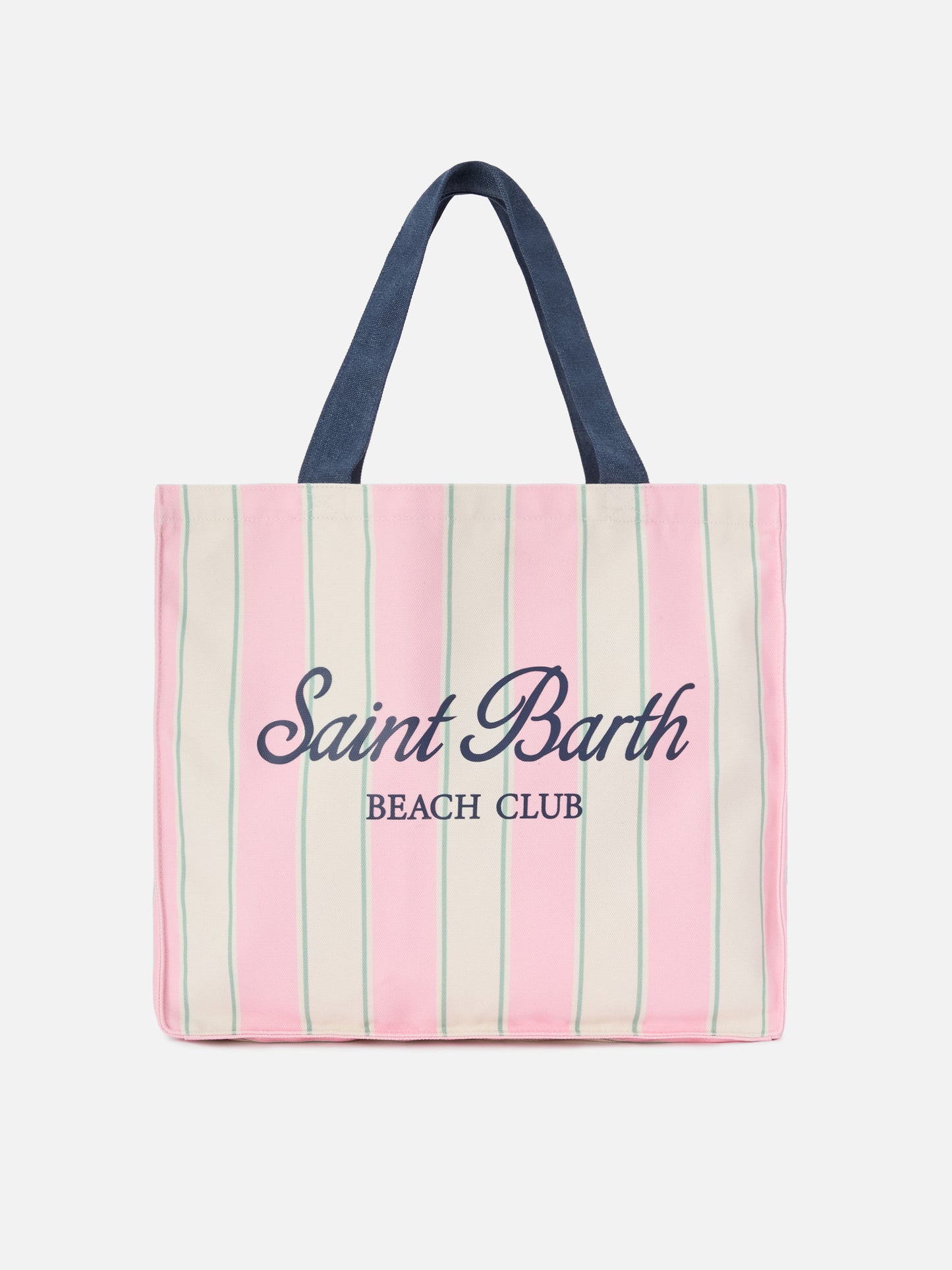Essenzielle Tote Bag aus Canvas mit pinken, grünen und weißen Streifen und kontrastierendem Logo 