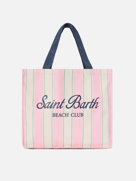 Essenzielle Tote Bag aus Canvas mit pinken, grünen und weißen Streifen und kontrastierendem Logo 
