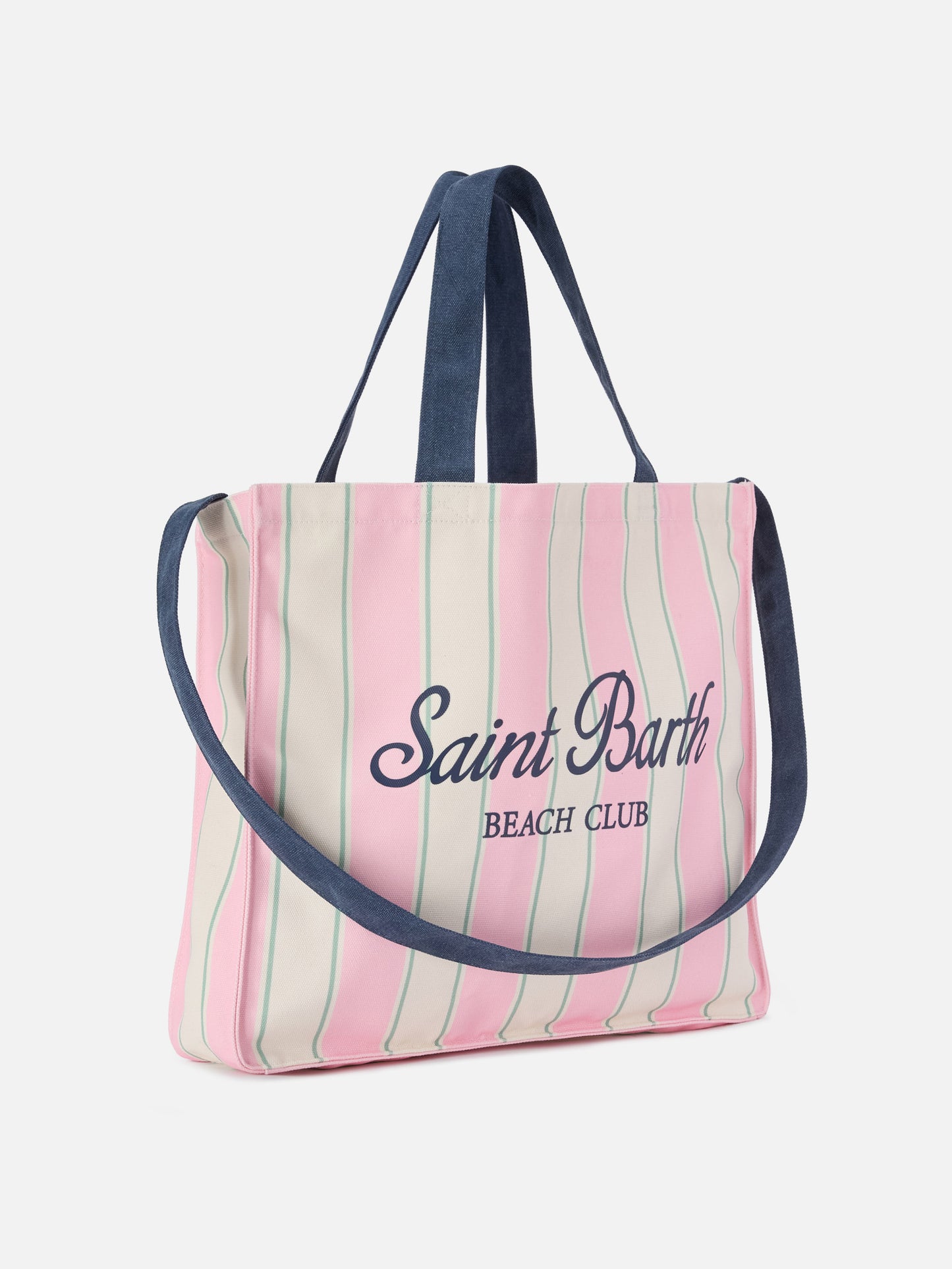 Essenzielle Tote Bag aus Canvas mit pinken, grünen und weißen Streifen und kontrastierendem Logo 