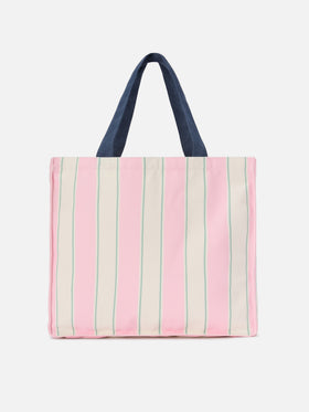 Essenzielle Tote Bag aus Canvas mit pinken, grünen und weißen Streifen und kontrastierendem Logo 