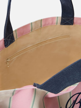 Essenzielle Tote Bag aus Canvas mit pinken, grünen und weißen Streifen und kontrastierendem Logo 