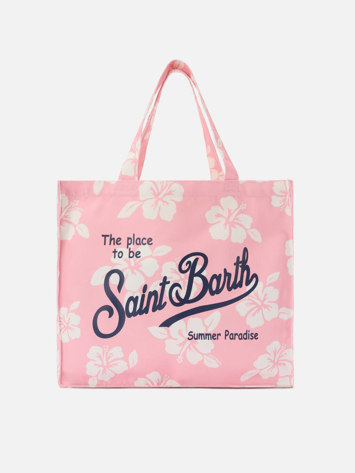 Essential canvas tote bag with pink hibiscus print and contrasting logo