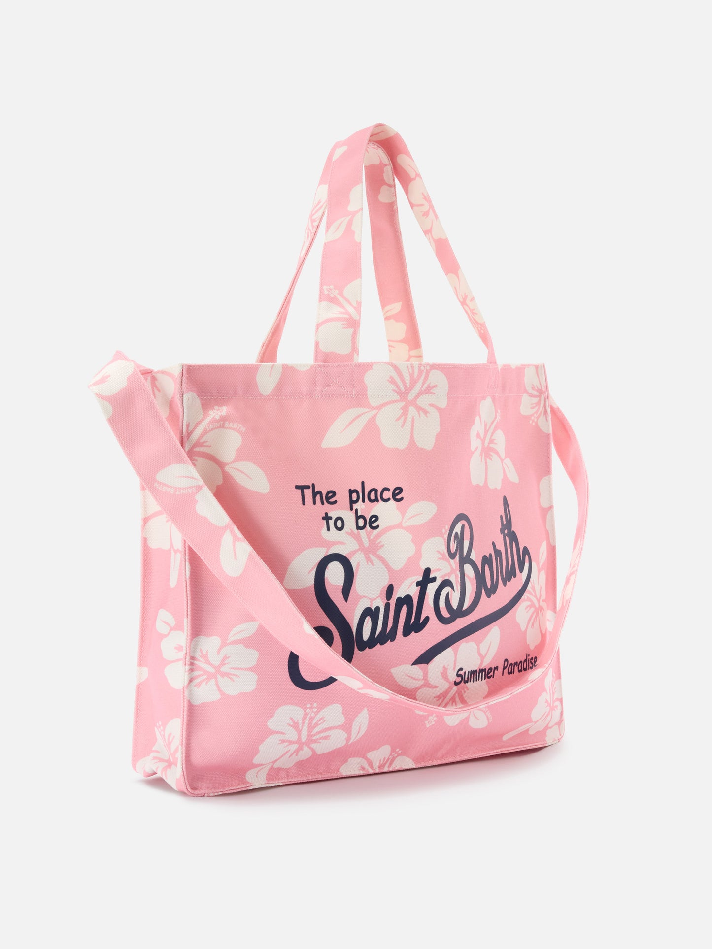 Cabas essentiel en toile avec imprimé hibiscus rose et logo contrasté 
