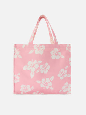 Cabas essentiel en toile avec imprimé hibiscus rose et logo contrasté 