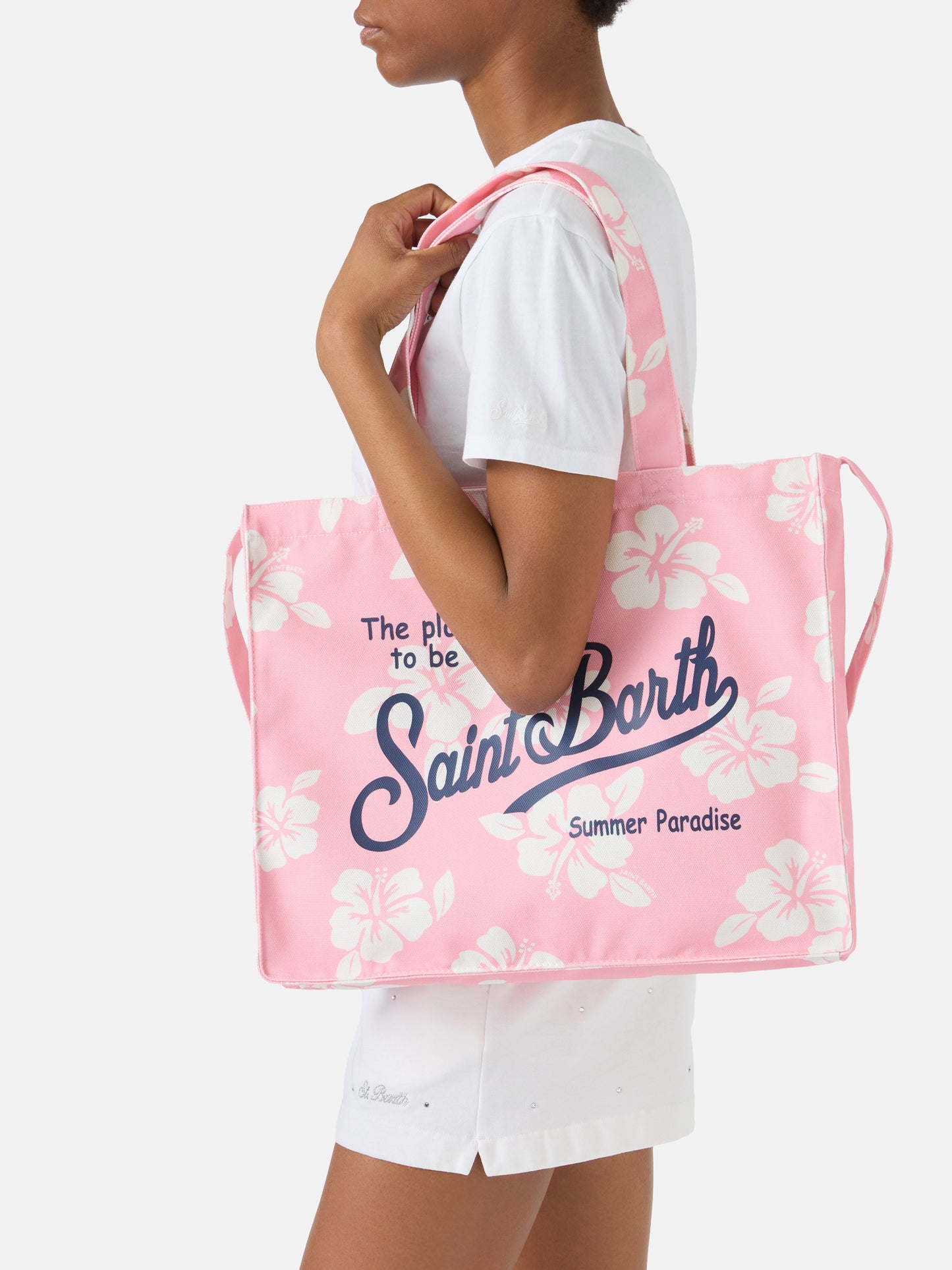 Cabas essentiel en toile avec imprimé hibiscus rose et logo contrasté 