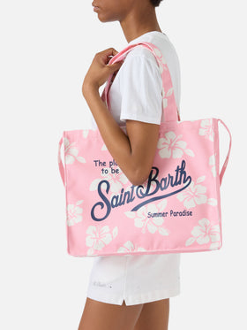 Cabas essentiel en toile avec imprimé hibiscus rose et logo contrasté 