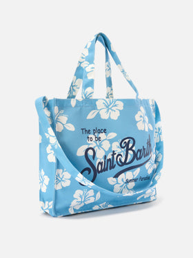 Cabas essentiel en toile avec imprimé hibiscus bleu clair et logo contrasté 