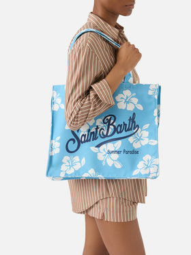 Cabas essentiel en toile avec imprimé hibiscus bleu clair et logo contrasté 