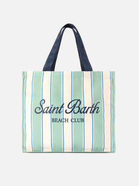 Essential canvas tote bag with green, light blue and white stripes and contrasting logo