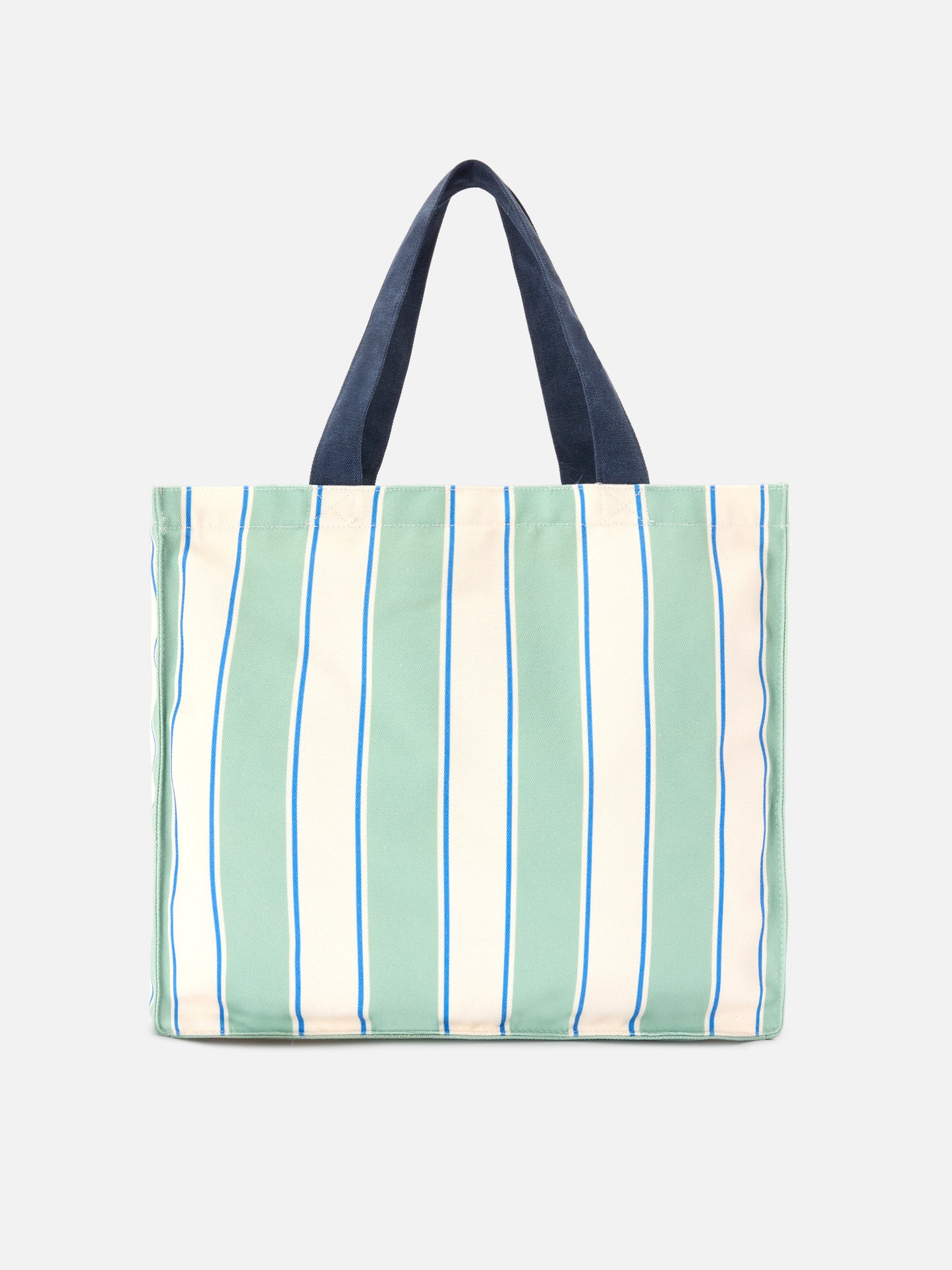 Essential canvas tote bag with green, light blue and white stripes and contrasting logo