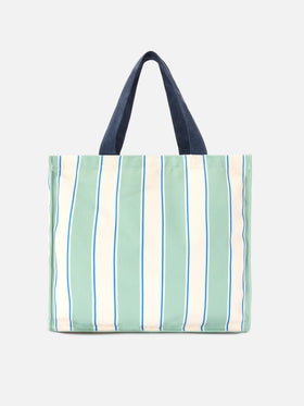 Essential canvas tote bag with green, light blue and white stripes and contrasting logo