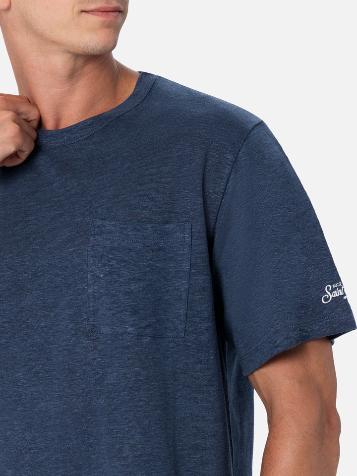 Man navy blue linen jersey t-shirt Ecstasea with pocket - MC2 Saint Barth