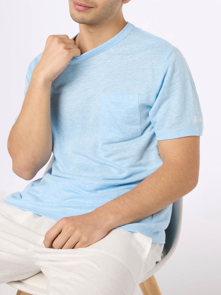 Man light blue linen jersey t-shirt Ecstasea with pocket - MC2 Saint Barth
