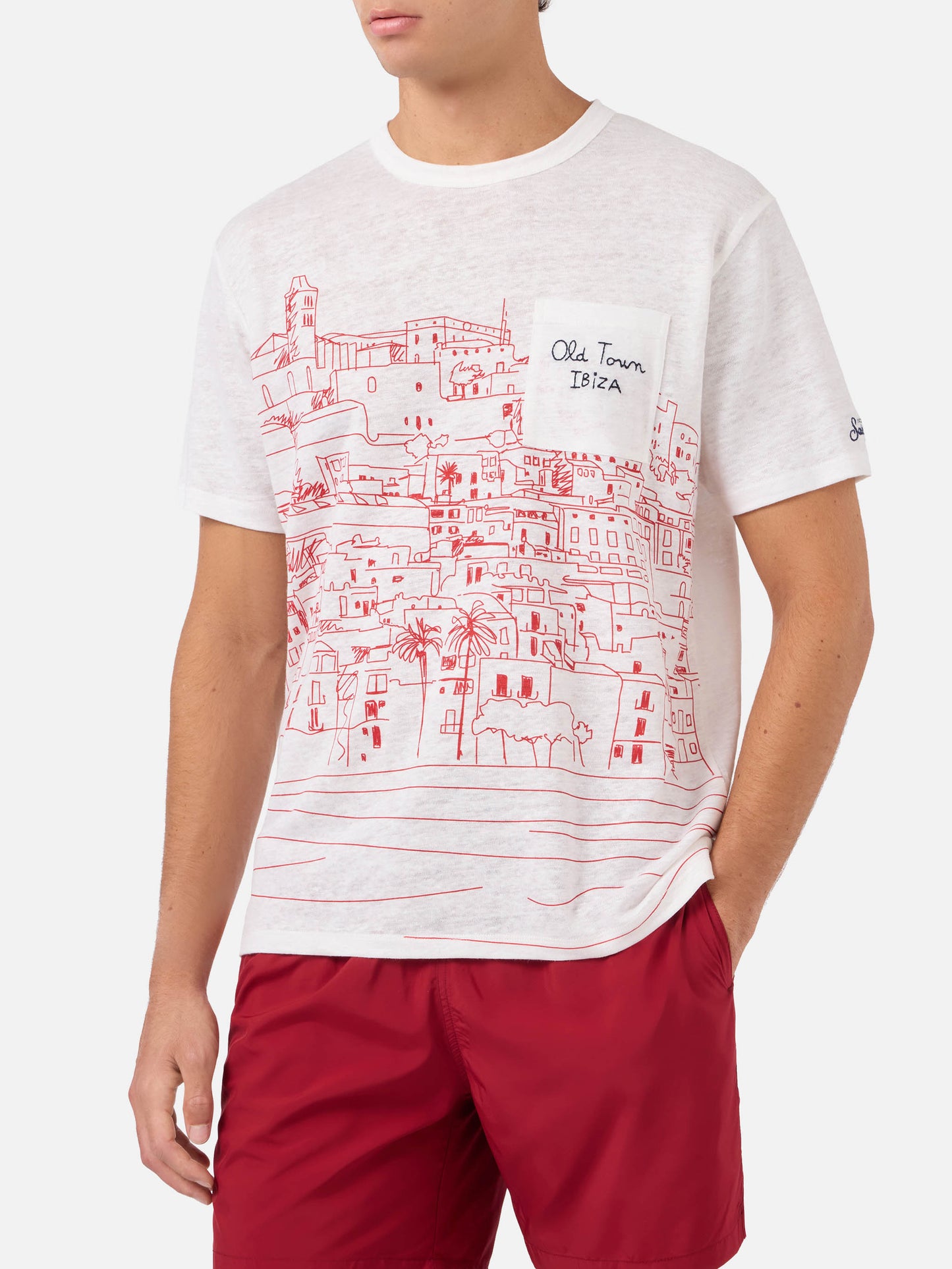 Herren-T-Shirt aus Leinenjersey Ecstasea mit platziertem „Ibiza“-Aufdruck und gestickter Tasche