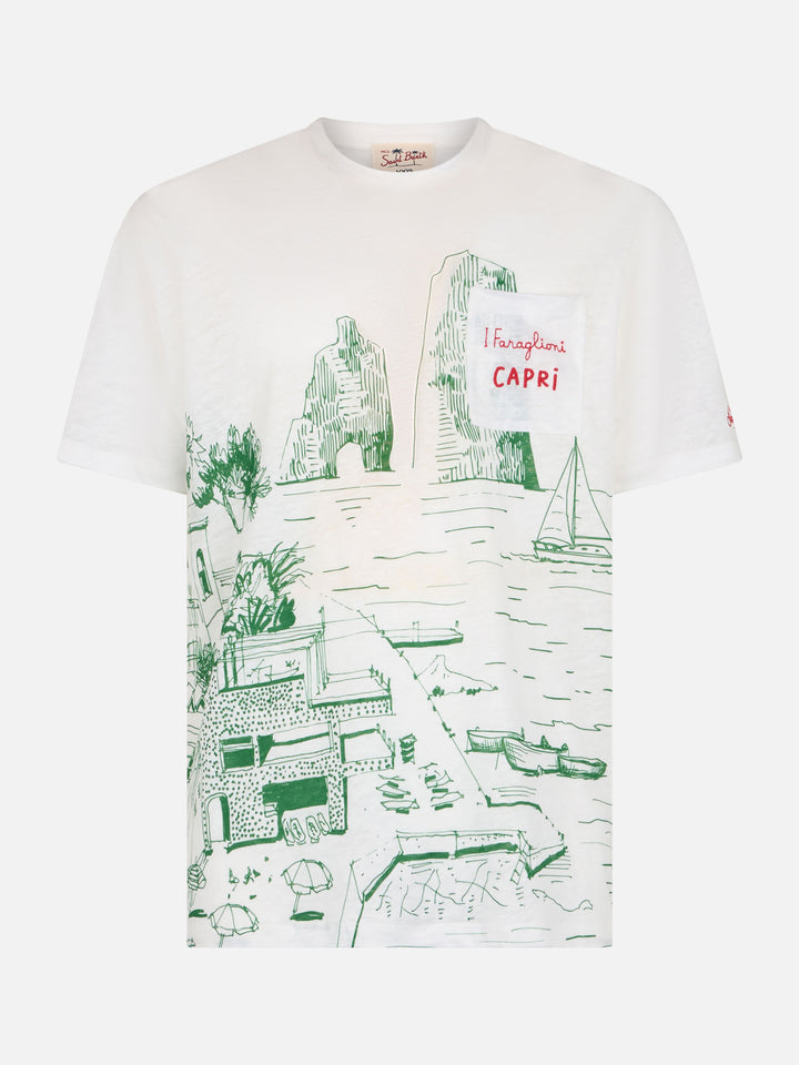 Man linen jersey t-shirt Ecstasea with Capri placed print and embroidered pocket - MC2 Saint Barth