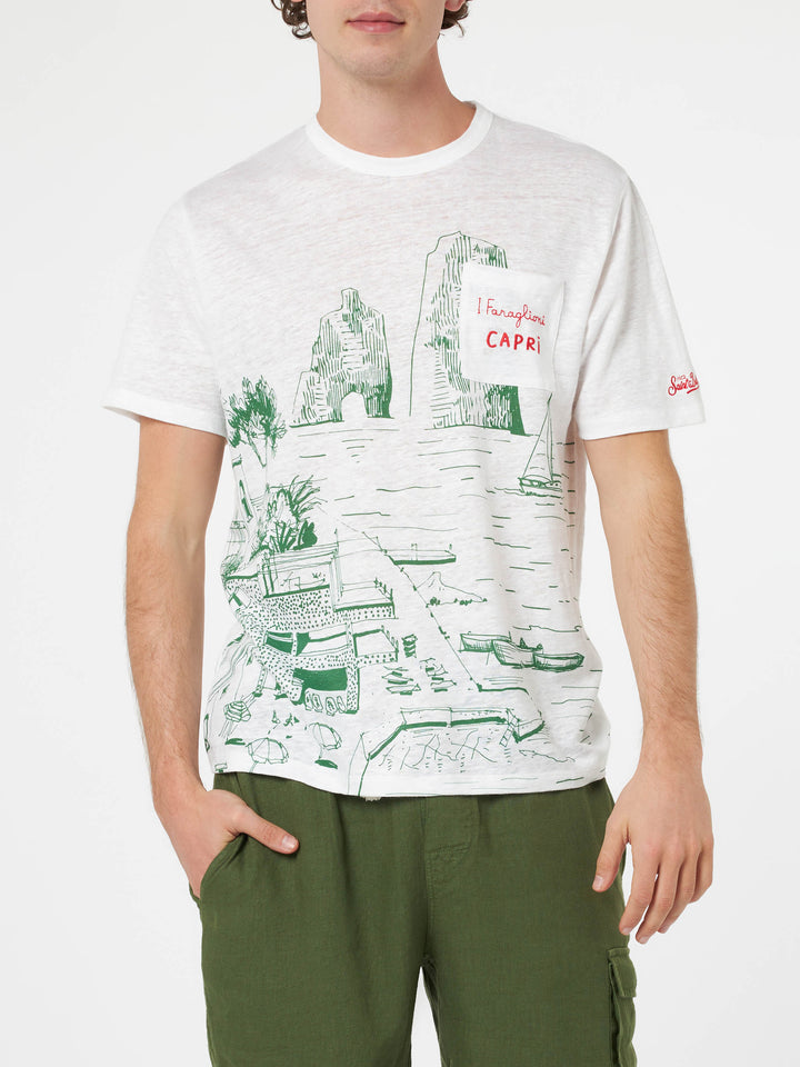 Man linen jersey t-shirt Ecstasea with Capri placed print and embroidered pocket - MC2 Saint Barth