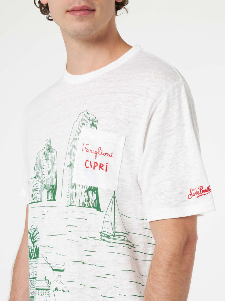 Man linen jersey t-shirt Ecstasea with Capri placed print and embroidered pocket - MC2 Saint Barth