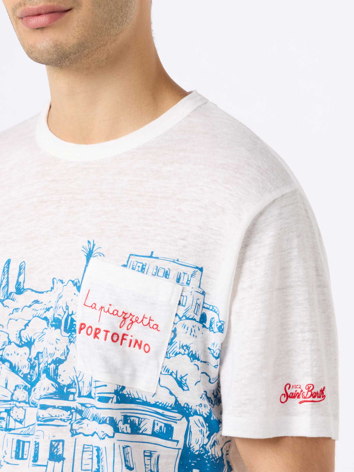 Man linen jersey t-shirt Ecstasea with Portofino placed print and embroidered pocket - MC2 Saint Barth