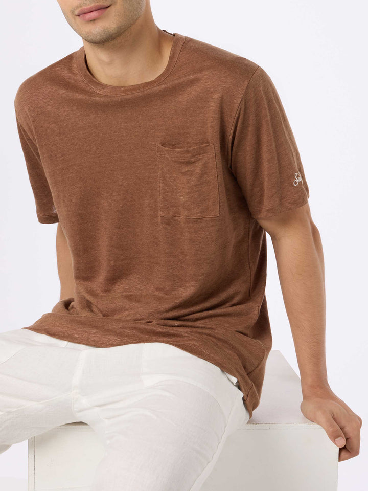 Man brown linen jersey t-shirt Ecstasea with pocket - MC2 Saint Barth