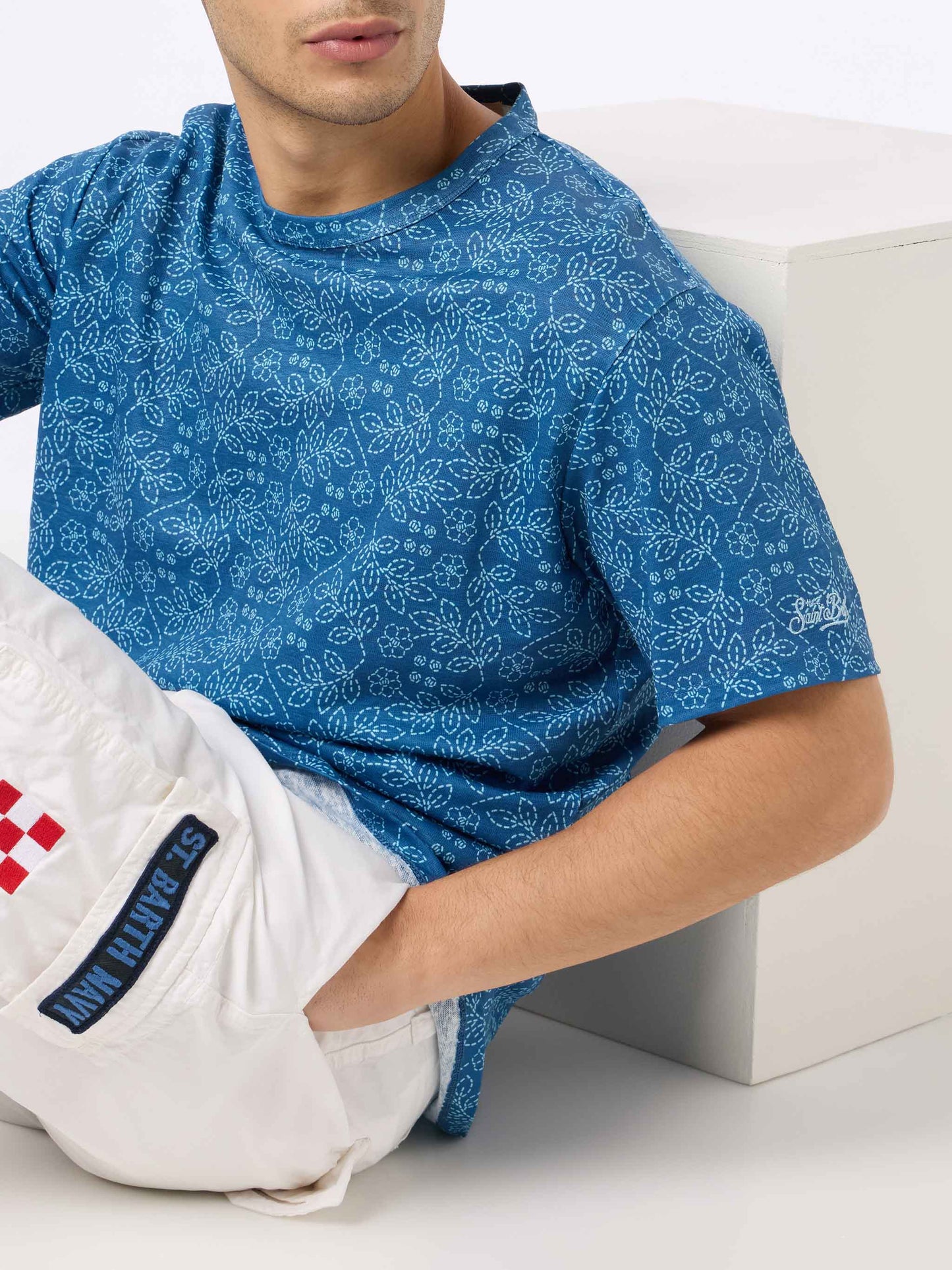 Man blue linen jersey t-shirt Ecstasea with sashiko print - MC2 Saint Barth