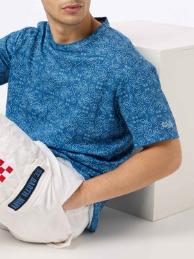 Man blue linen jersey t-shirt Ecstasea with sashiko print - MC2 Saint Barth