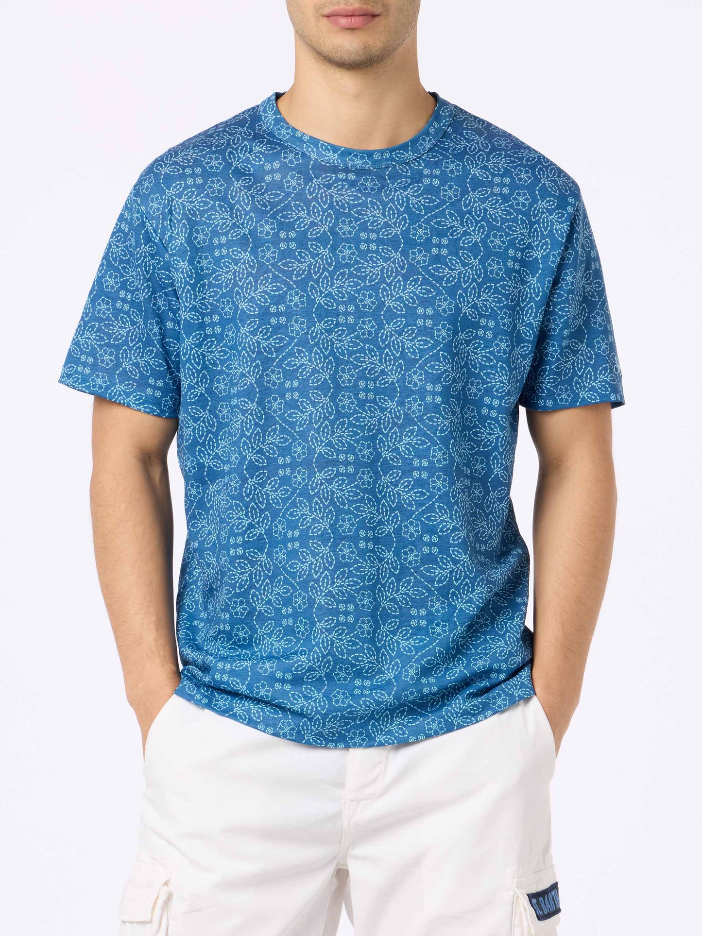 Man blue linen jersey t-shirt Ecstasea with sashiko print - MC2 Saint Barth