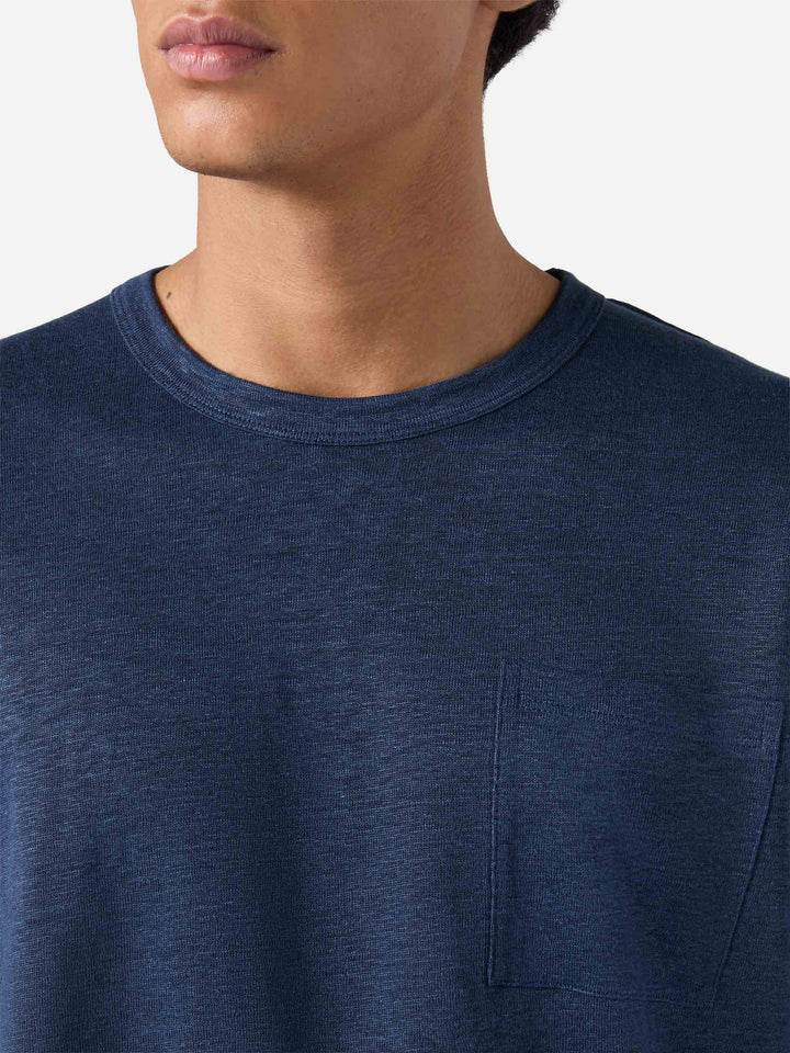 Man navy blue linen jersey t-shirt Ecstasea with pocket