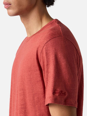 Red Ecstasea pure linen t-shirt with logo embroidery