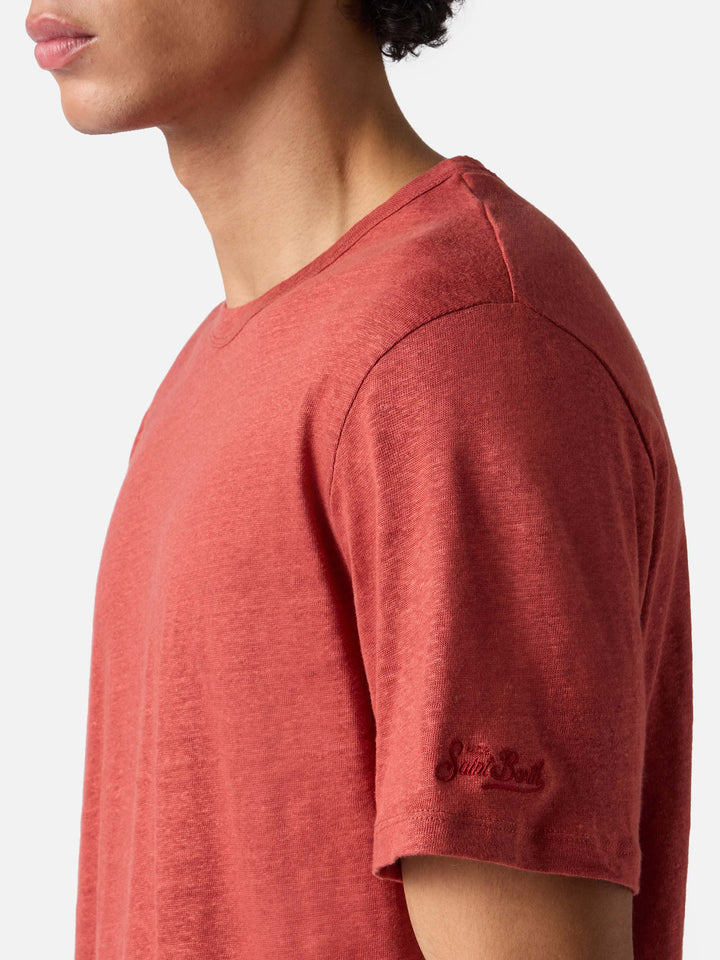 Red Ecstasea pure linen t-shirt with logo embroidery