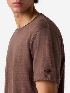 Brown Ecstasea pure linen t-shirt with logo embroidery