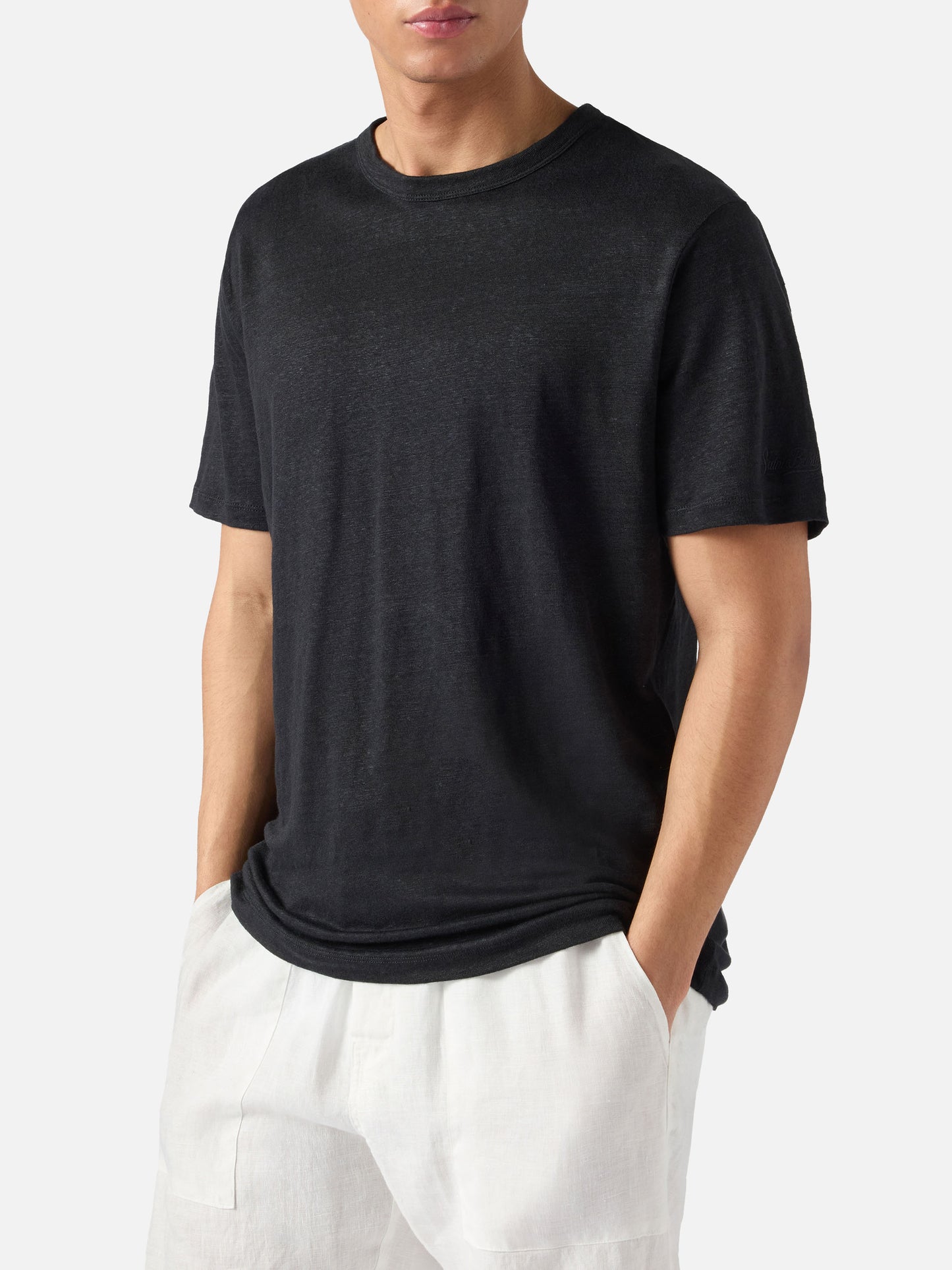 T-shirt Ecstasea in puro lino nero con logo ricamato