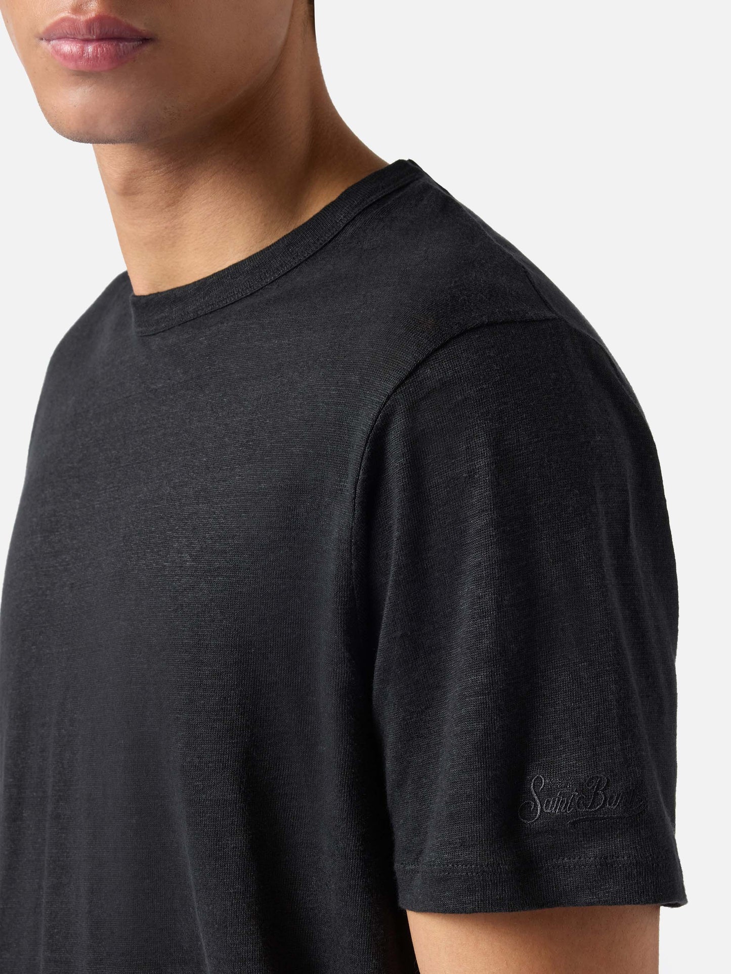 T-shirt Ecstasea in puro lino nero con logo ricamato