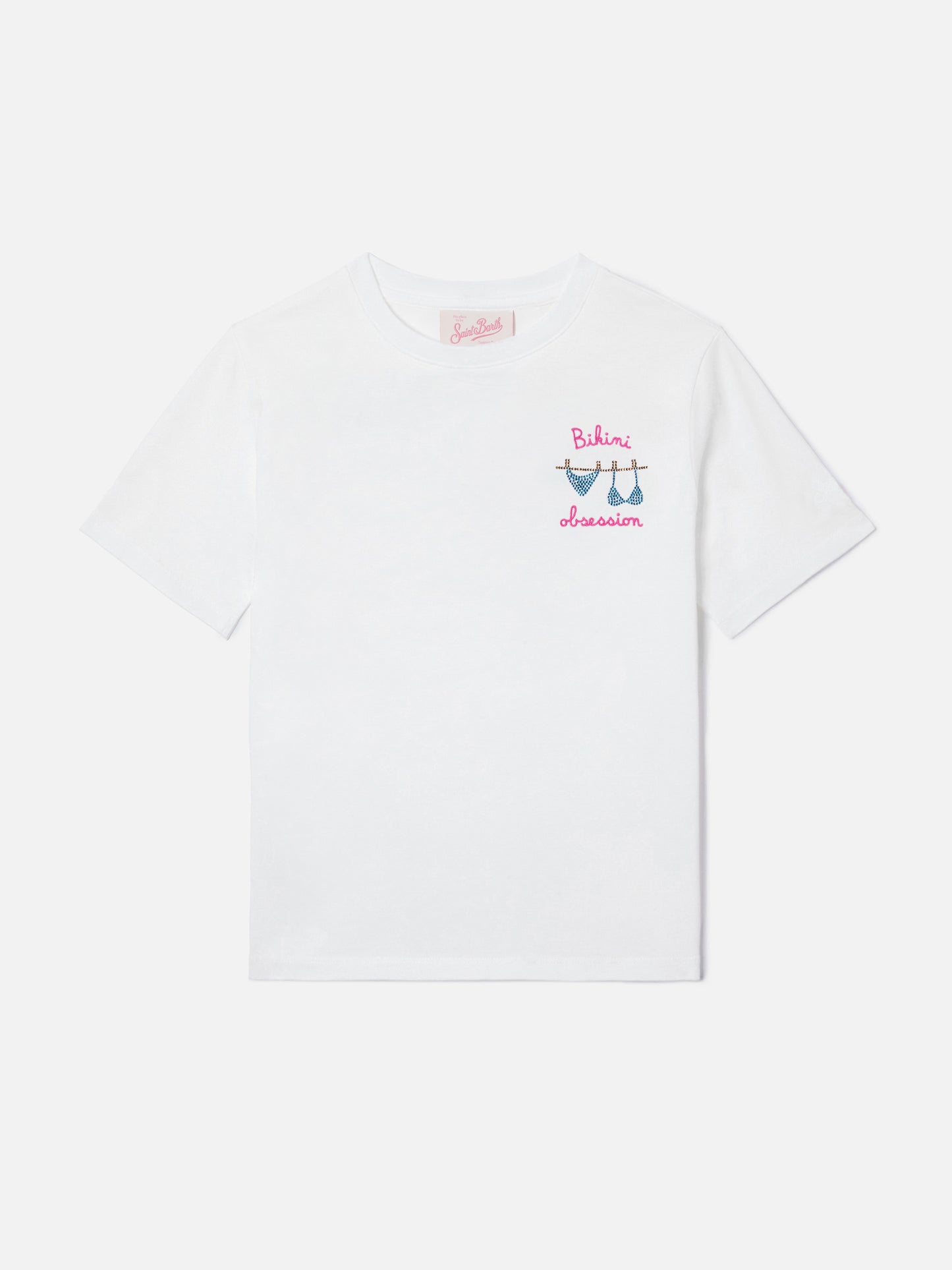 T-shirt Elly en coton blanc avec broderie Bikini Obsession et strass 
