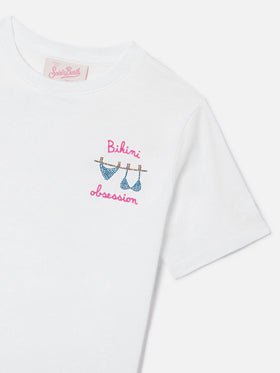 T-shirt Elly en coton blanc avec broderie Bikini Obsession et strass 