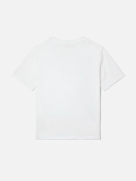 Elly T-shirt in white cotton with animal print logo patch