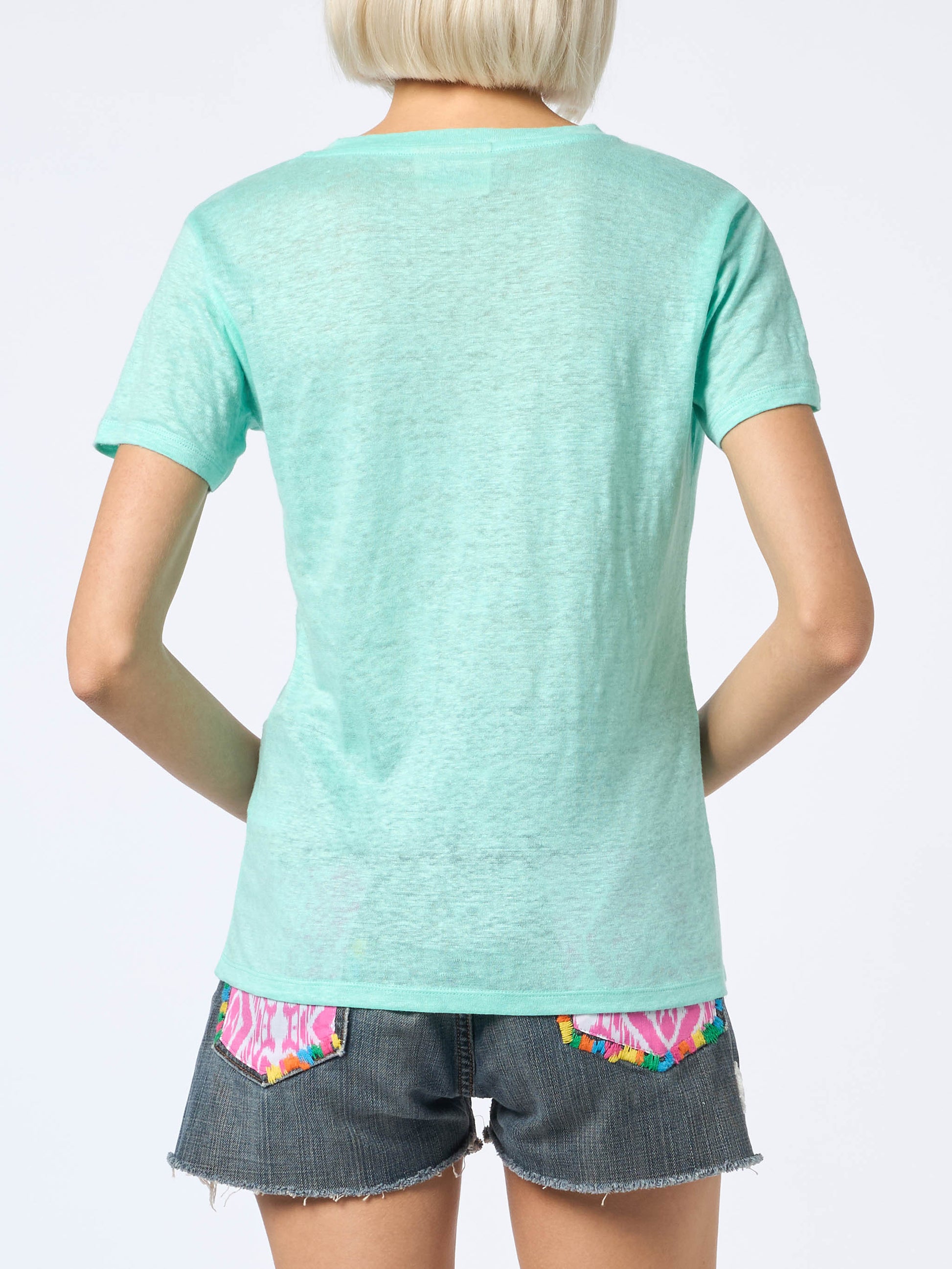 Woman linen jersey sage green V-neck t-shirt Eloise - MC2 Saint Barth